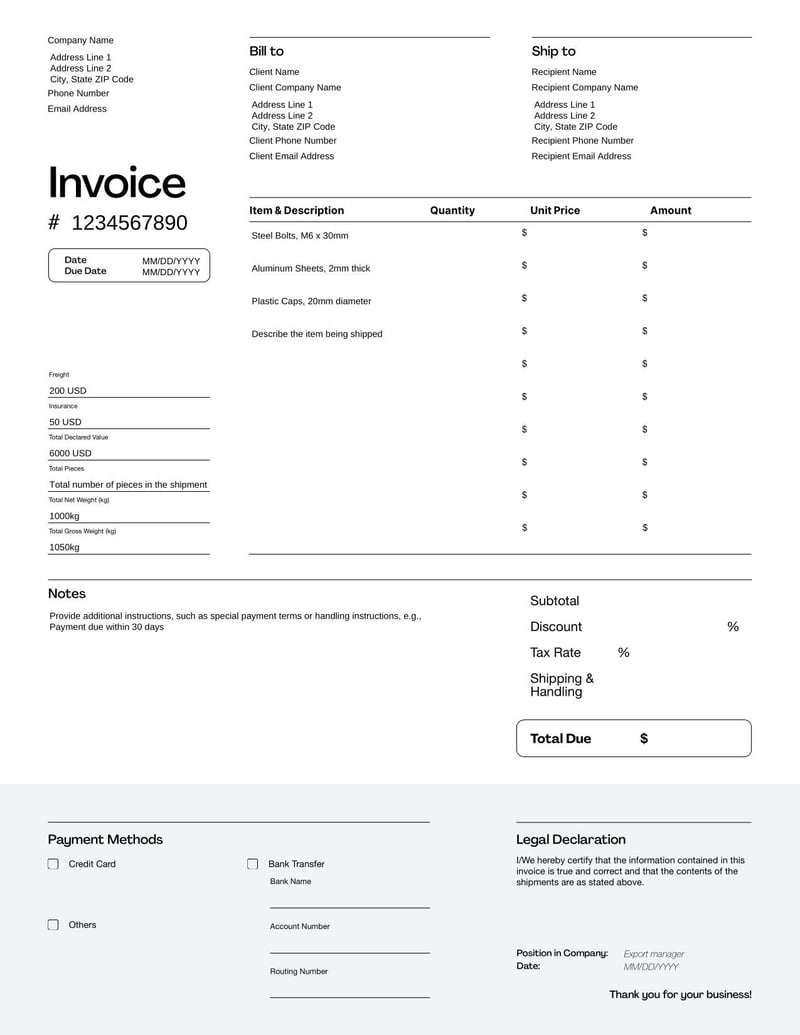 Commercial Invoice for Manufacturing and Exporting for billing goods sold internationally, including shipment details and customs information