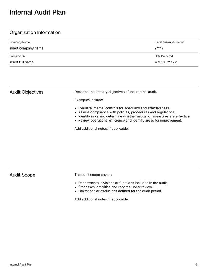 Internal Audit Plan template with sections for audit objectives, scope, risk assessment, schedule and signatures