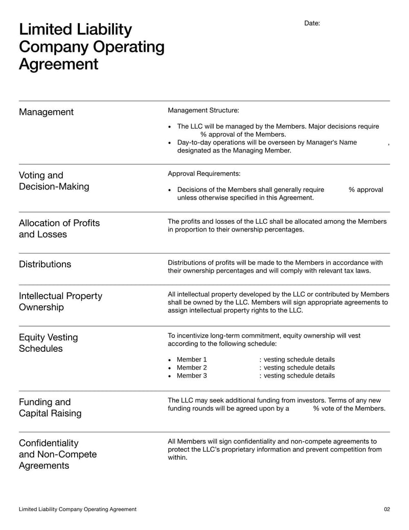 Startup LLC Operating Agreement Template detailing ownership and operational guidelines for a startup LLC