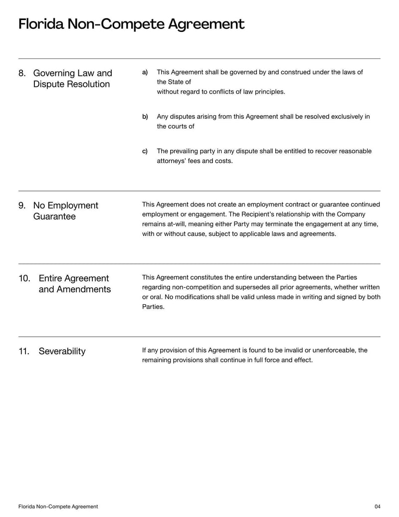 Non-Compete Agreement Florida for specifying employment restrictions on competitive work within the state’s legal limits