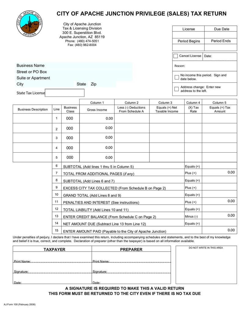 Large thumbnail of City Of Apache Junction Privilege (Sales) Tax Return Form - Dec 2015