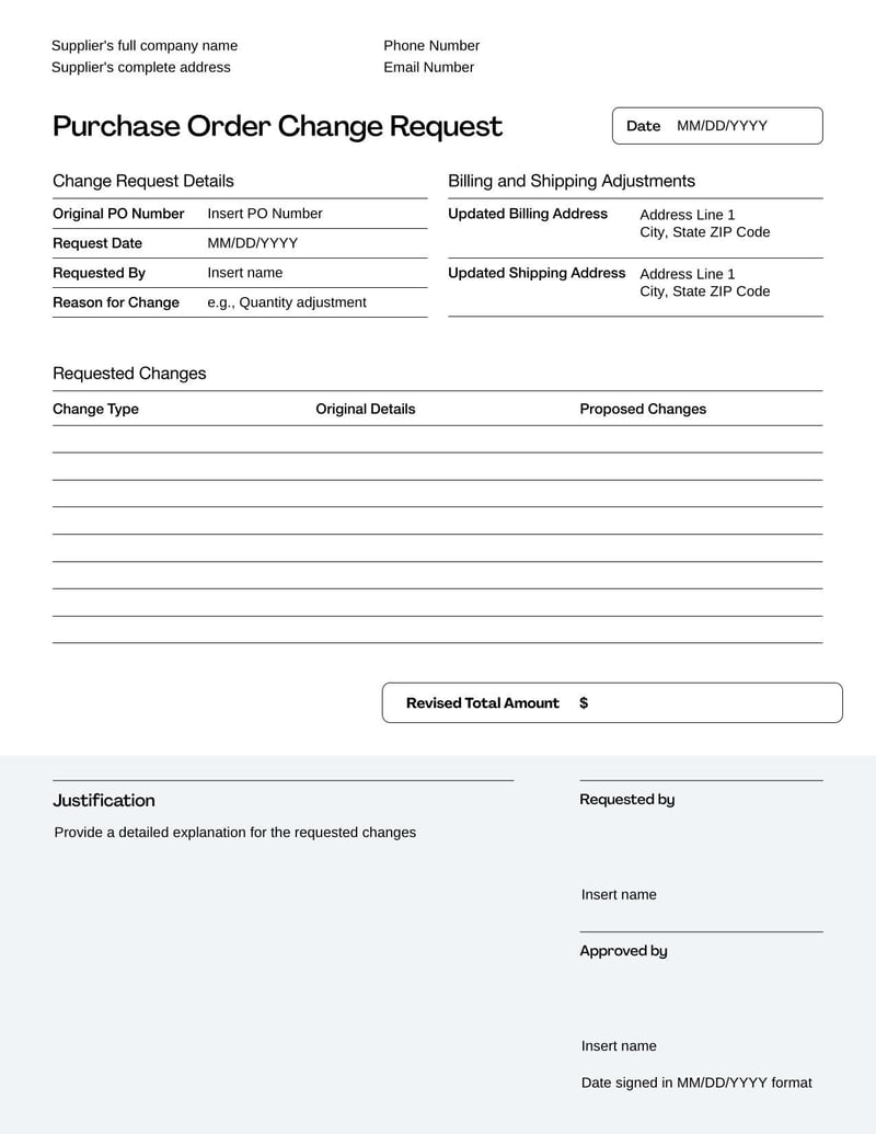 Purchase Order Change Request for modifying existing purchase order terms