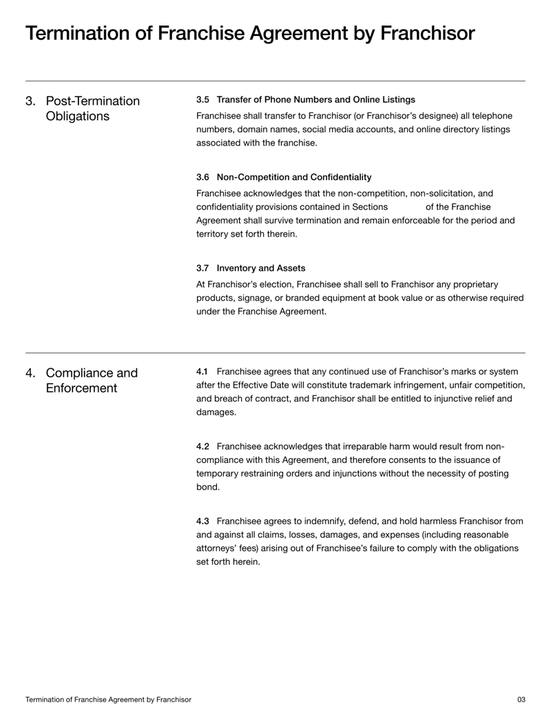 Termination of Franchise Agreement by Franchisor detailing default grounds, post-termination duties and enforcement rights
