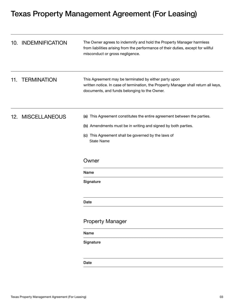 Property Management Agreement Texas for leasing provides tenant placement and lease management services for property owners