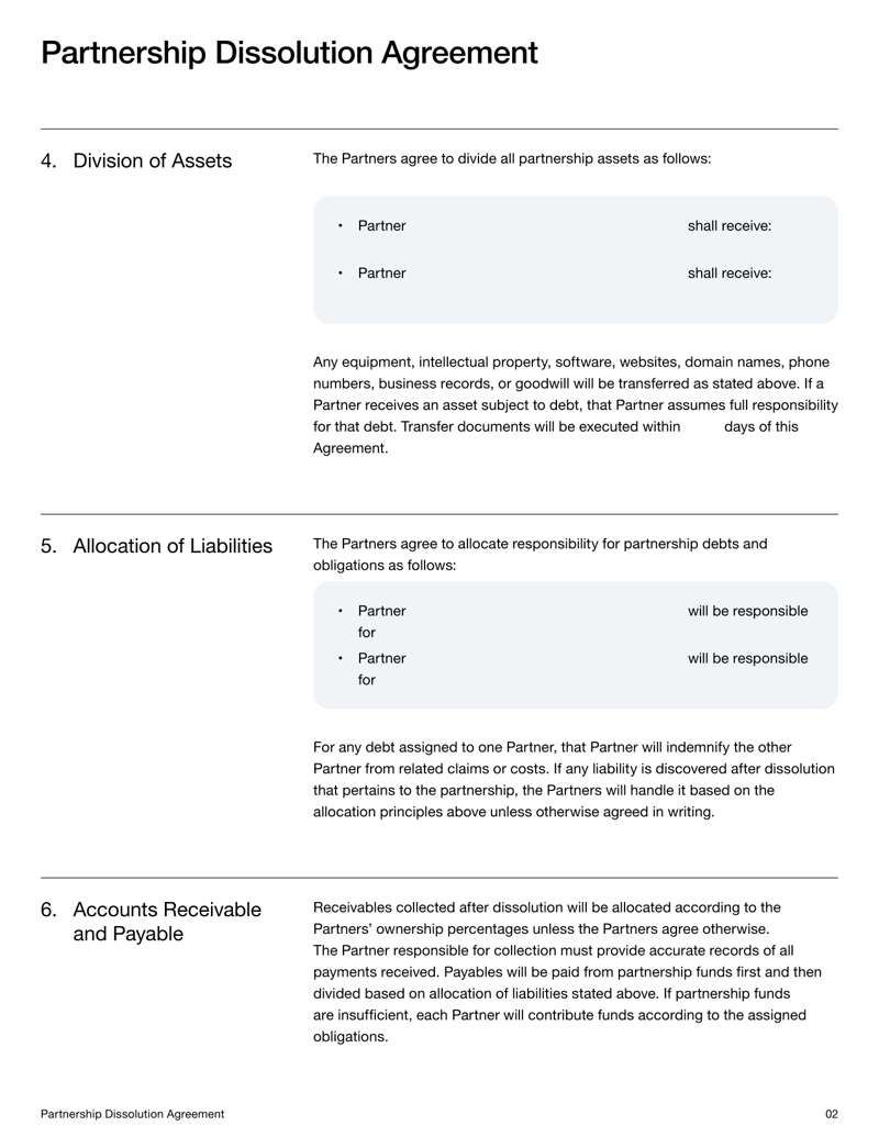 Partnership Dissolution Agreement detailing wind up procedures, asset division, liabilities and partner obligations