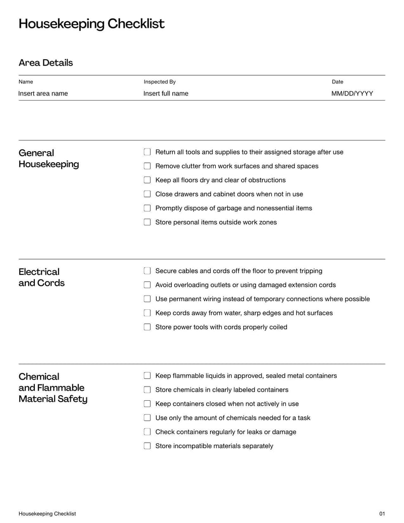 Housekeeping Checklist Template for maintaining cleanliness and organization in residential or commercial spaces