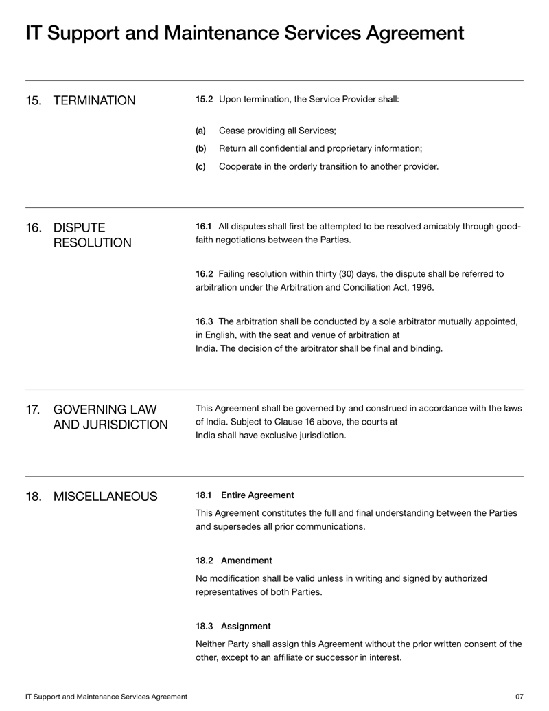 IT Support and Maintenance Services Agreement (India) with service terms, system upkeep details, and dispute resolution provisions