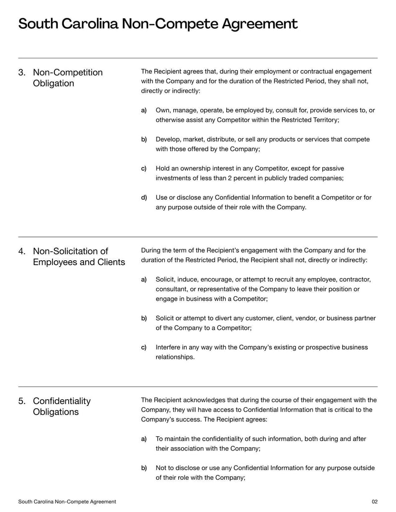 Non-Compete Agreement South Carolina for specifying employment restrictions on competitive work within the state’s legal limits