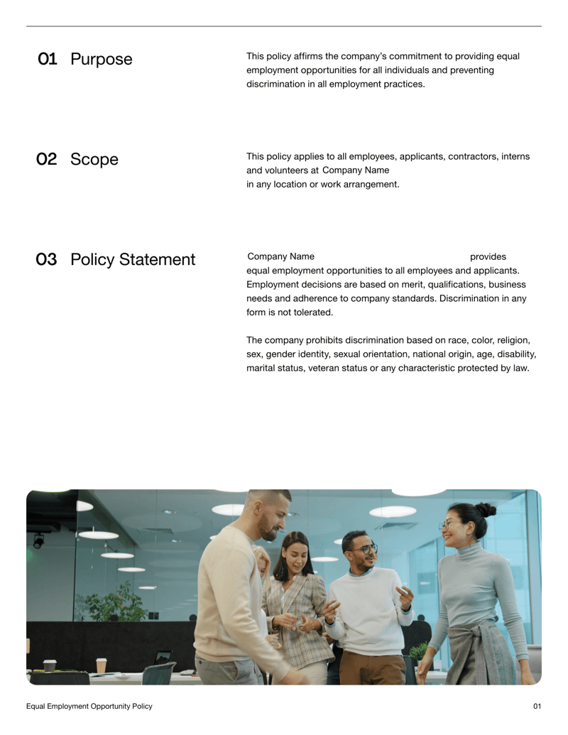 Equal Employment Opportunity Policy with sections for policy statements, prohibited conduct, reporting procedures and employee acknowledgment