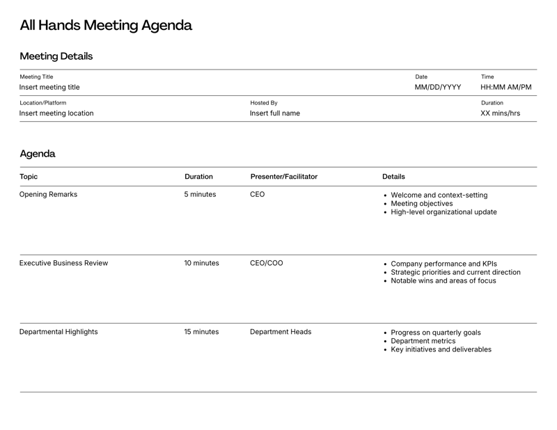 All Hands Meeting Agenda with structured sections for executive updates, departmental reviews, financial performance, people and culture updates and Q&A