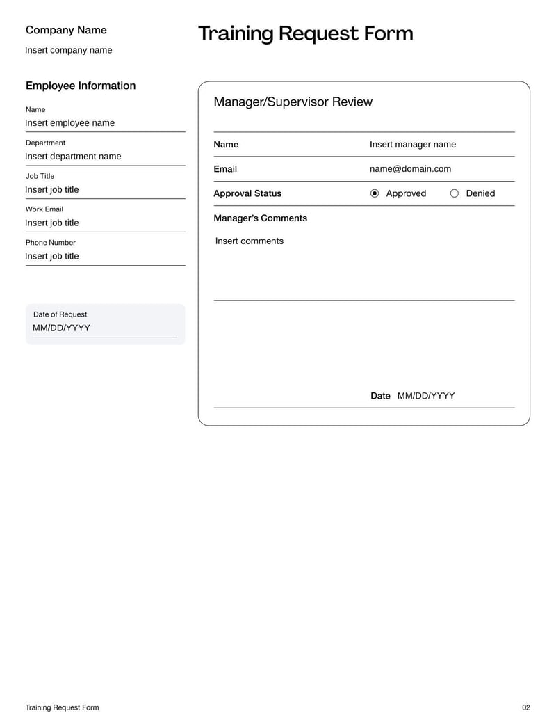 Training Request Form for employees to formally request participation in a training or development program