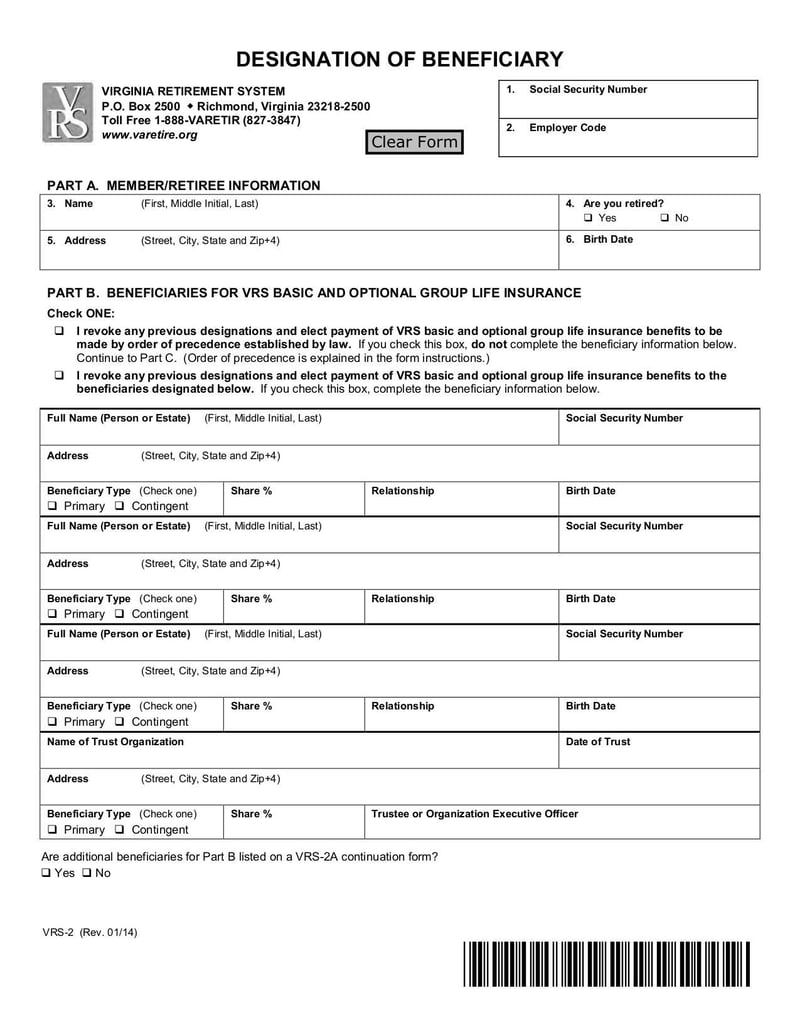Large thumbnail of Designation of Beneficiary (VRS-2) - Jan 2014