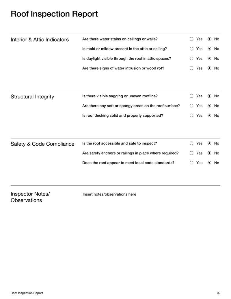 Roof Inspection Report for documenting roofing condition and structural issues