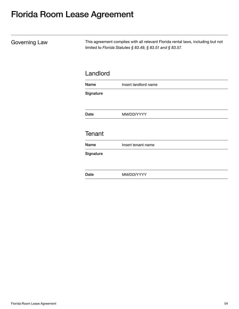 Florida Room Lease Agreement for specifying rental terms, tenant responsibilities, and use of a room within a residential property in Florida