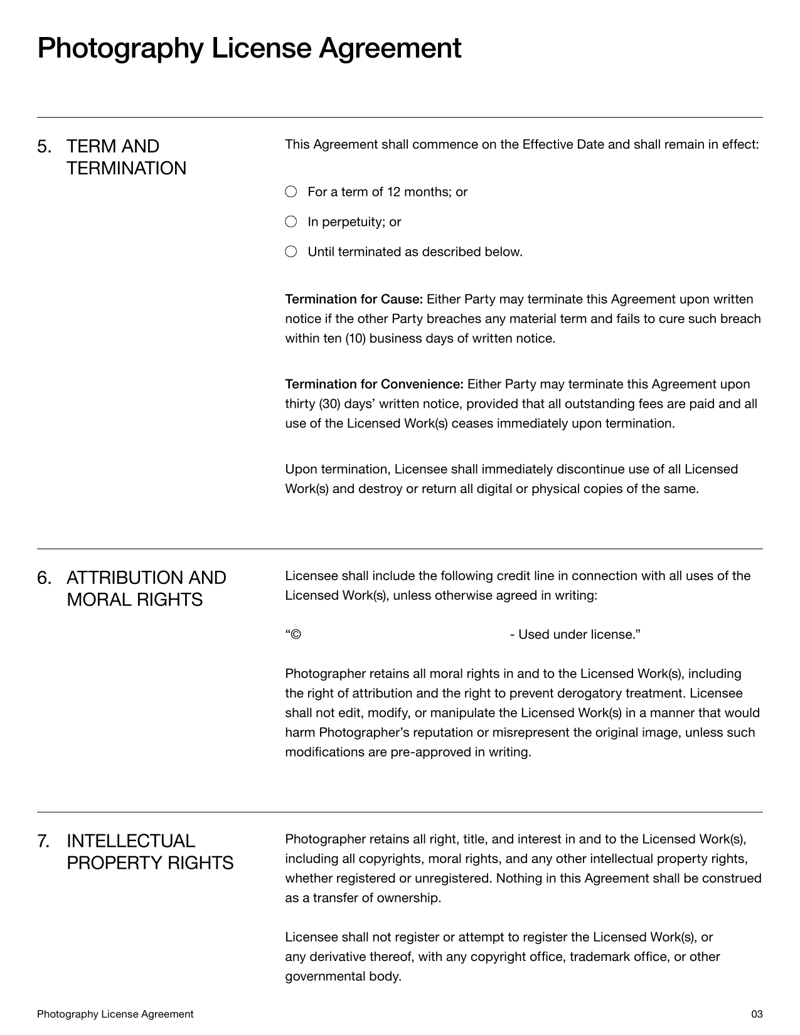 Photography License Agreement detailing usage rights, restrictions and copyright ownership between the photographer and the licensee