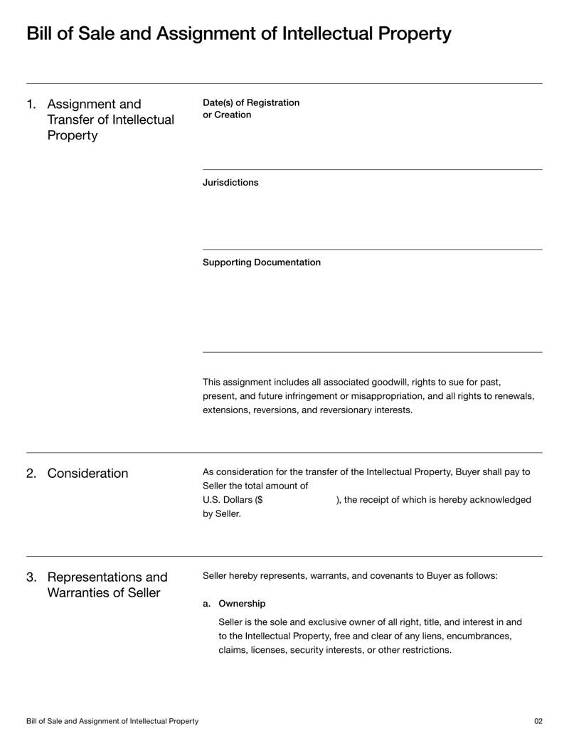 Bill of Sale for Intellectual Property template outlining the transfer of IP rights between parties