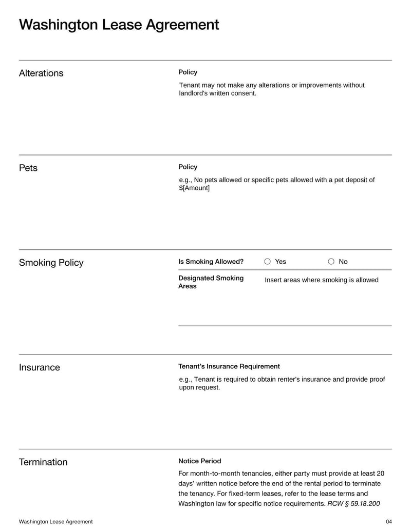 Washington Lease Agreement for rental terms in Washington