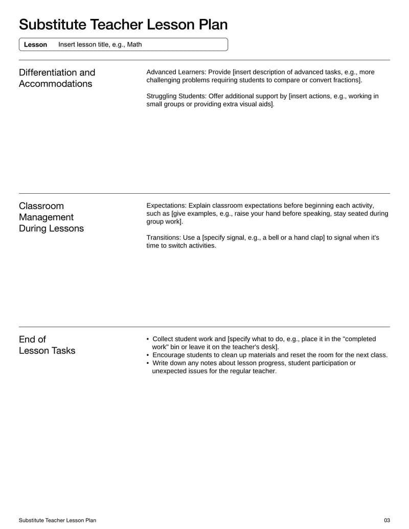 Substitute Teacher Lesson Plan for guiding substitute teaching days