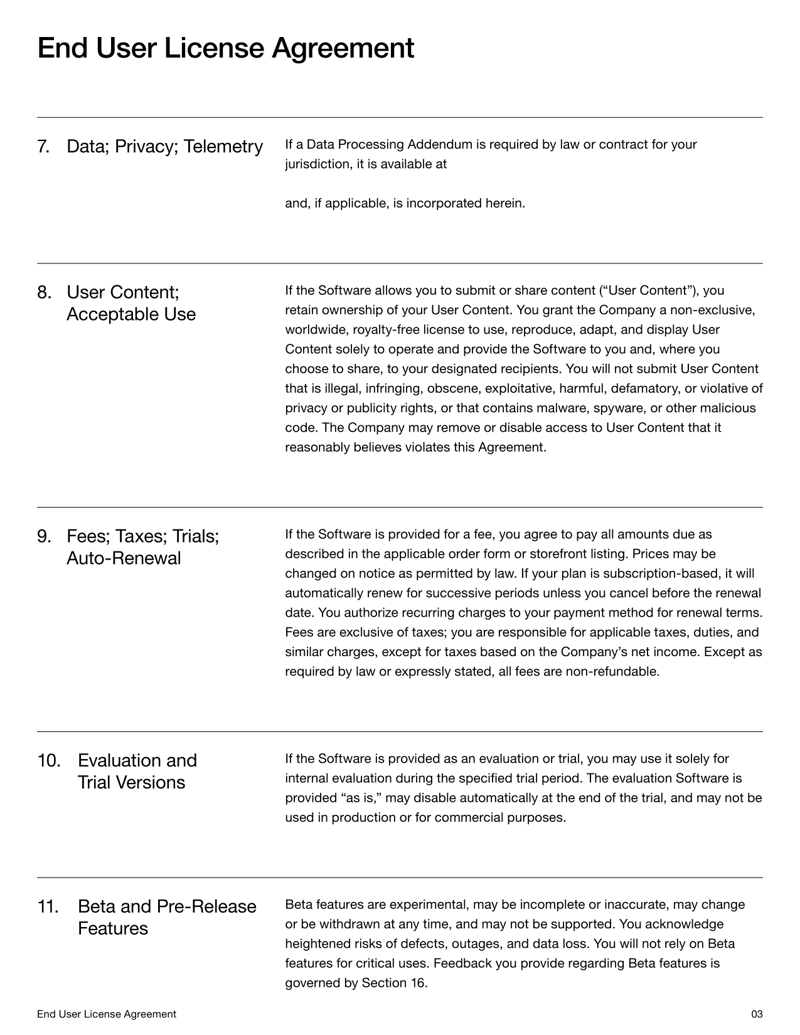 End User License Agreement setting software license terms, user rights and compliance obligations