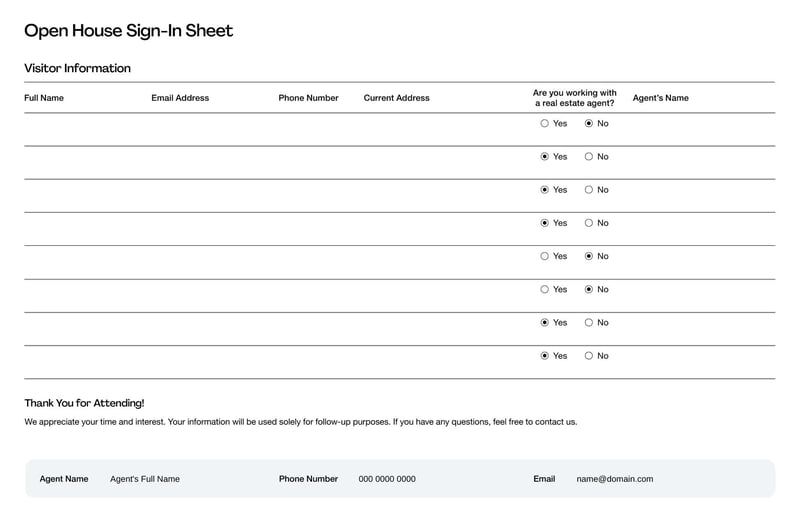 Open House Sign-In Sheet for collecting visitor contact details at property showings