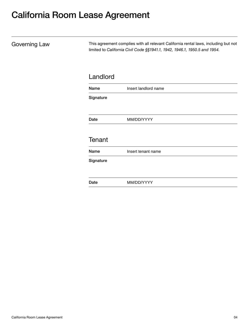 Room Lease Agreement California for specifying rental terms, tenant responsibilities, and use of a room within a residential property in California