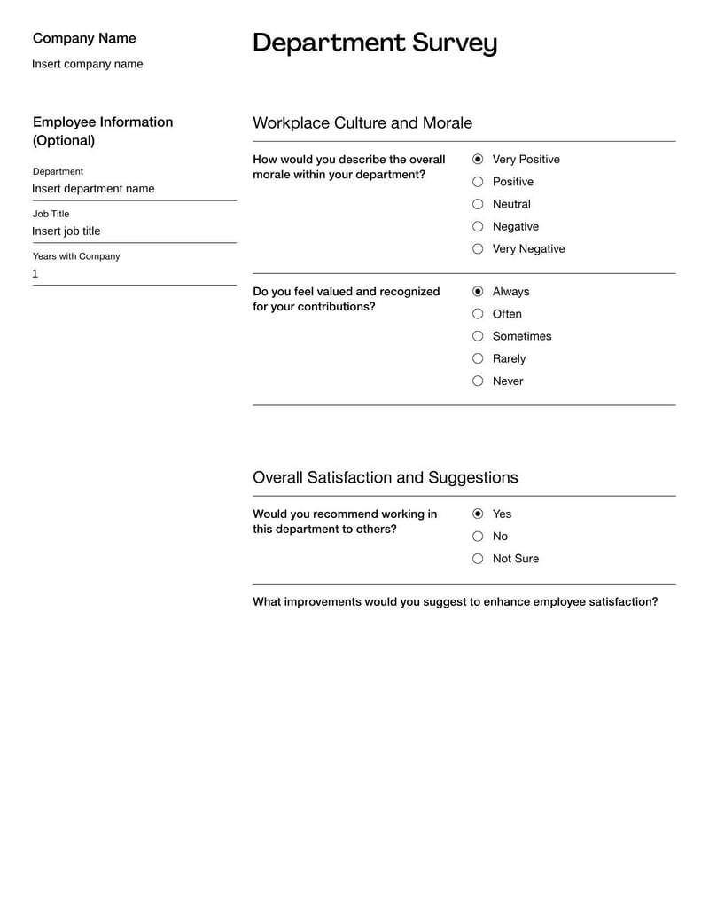 Survey for Department Template designed to assess departmental performance and gather feedback on team dynamics