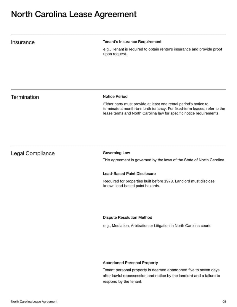 North Carolina Lease Agreement for rental terms in North Carolina