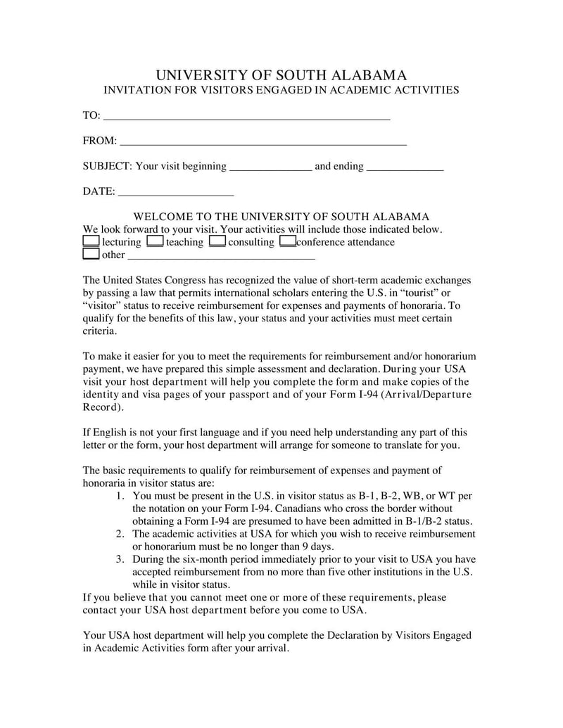 Large thumbnail of University of South Alabama Invitation for Visitors Engaged in Academic Activities