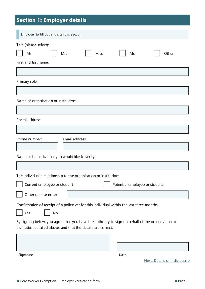 Large thumbnail of Core Worker Exemption Employer Verification Form - Sep 2021
