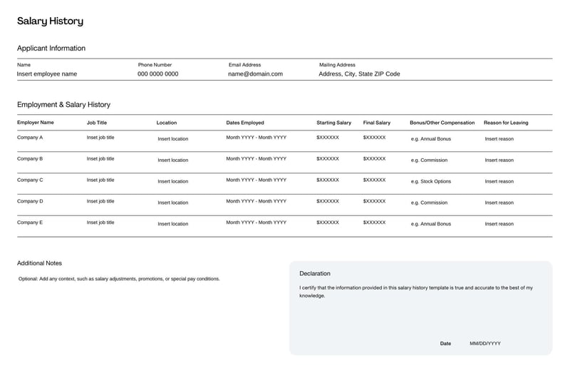 Salary History Template used to document an employee's previous compensation details, including job titles, employers, and pay rates
