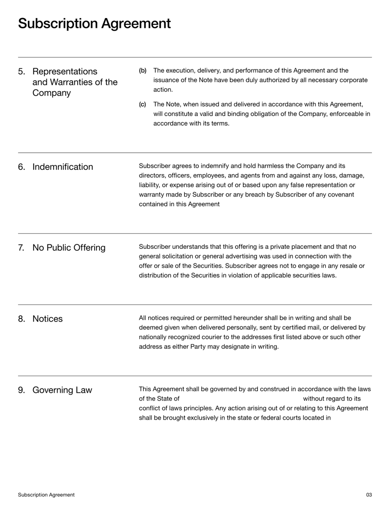 Subscription Agreement describing investor purchase terms, eligibility requirements and its connection to the Convertible Note Agreement