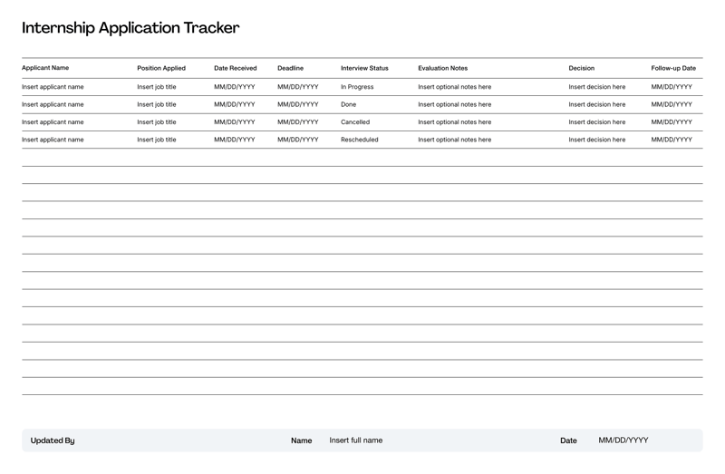 Internship Application Tracker with fields for applicant name, role applied, interview status, HR notes and final decision