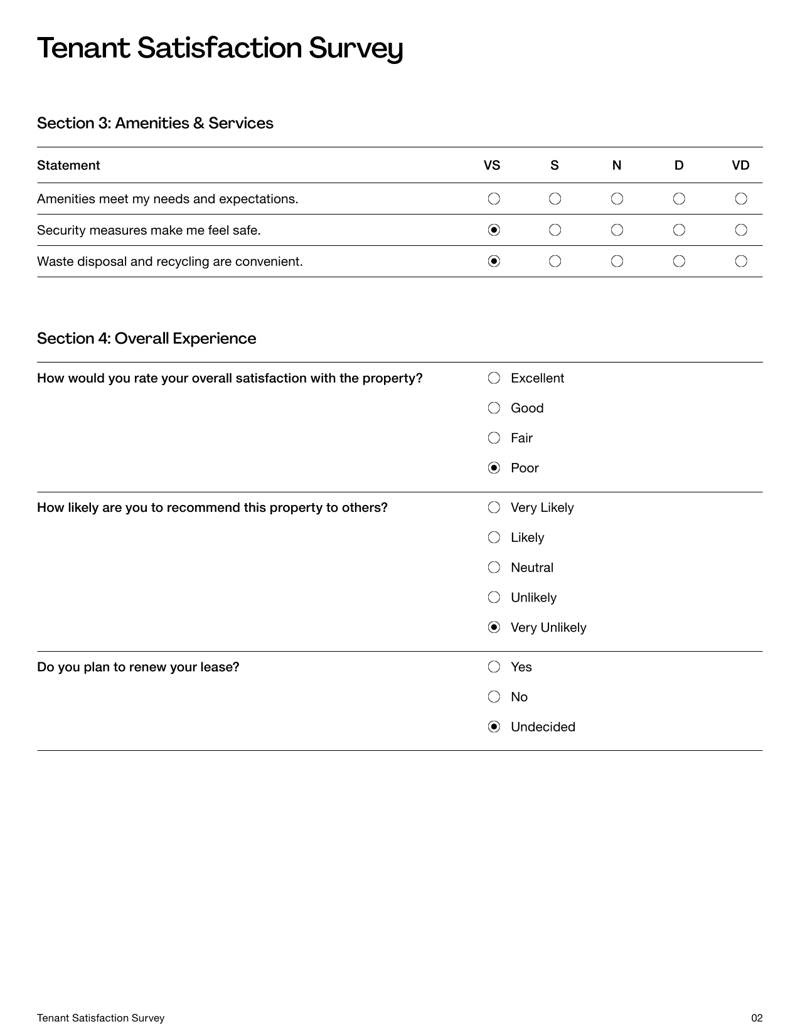 Tenant Satisfaction Survey form with sections for property condition, management, amenities and open feedback
