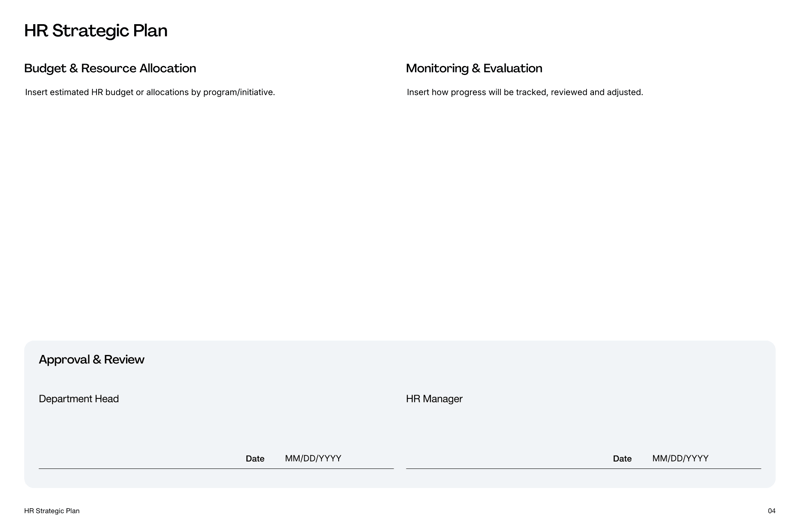 HR strategic plan template for aligning workforce goals with company objectives and compliance tracking