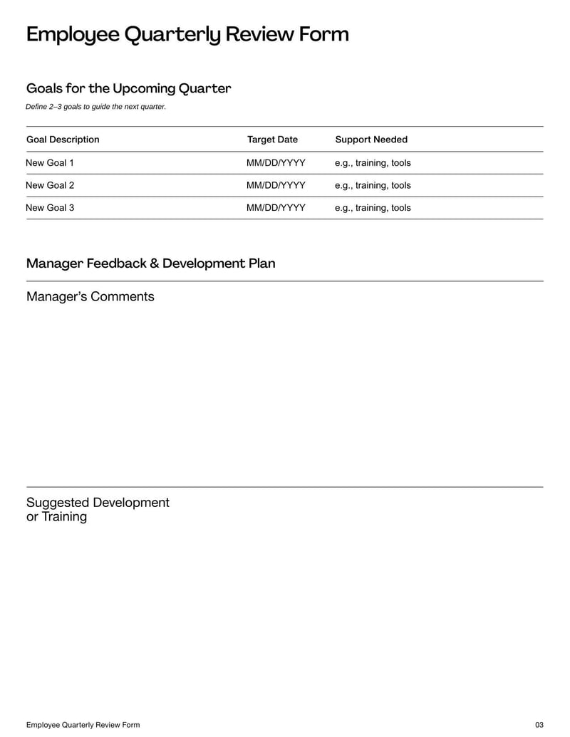 Employee Quarterly Review Form for evaluating performance over a three-month period