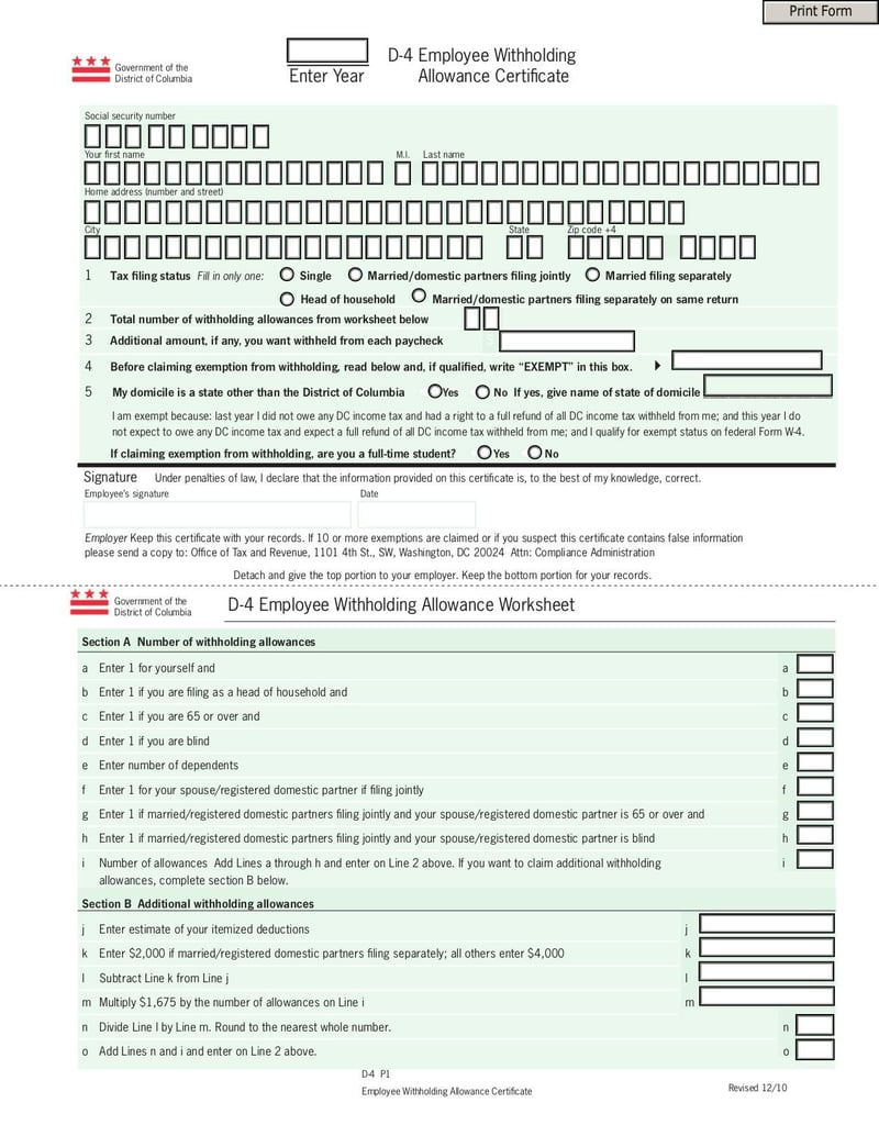 Thumbnail of Form D-4 Employee Withholding Allowance Certificate - Feb 2011 - page 0