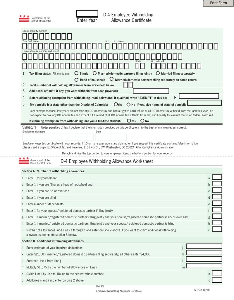 Form D-4 Employee Withholding Allowance Certificate | Fill and 
