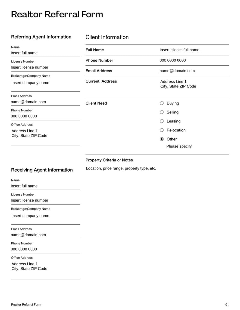 Realtor Referral Form for documenting and tracking real estate client referrals