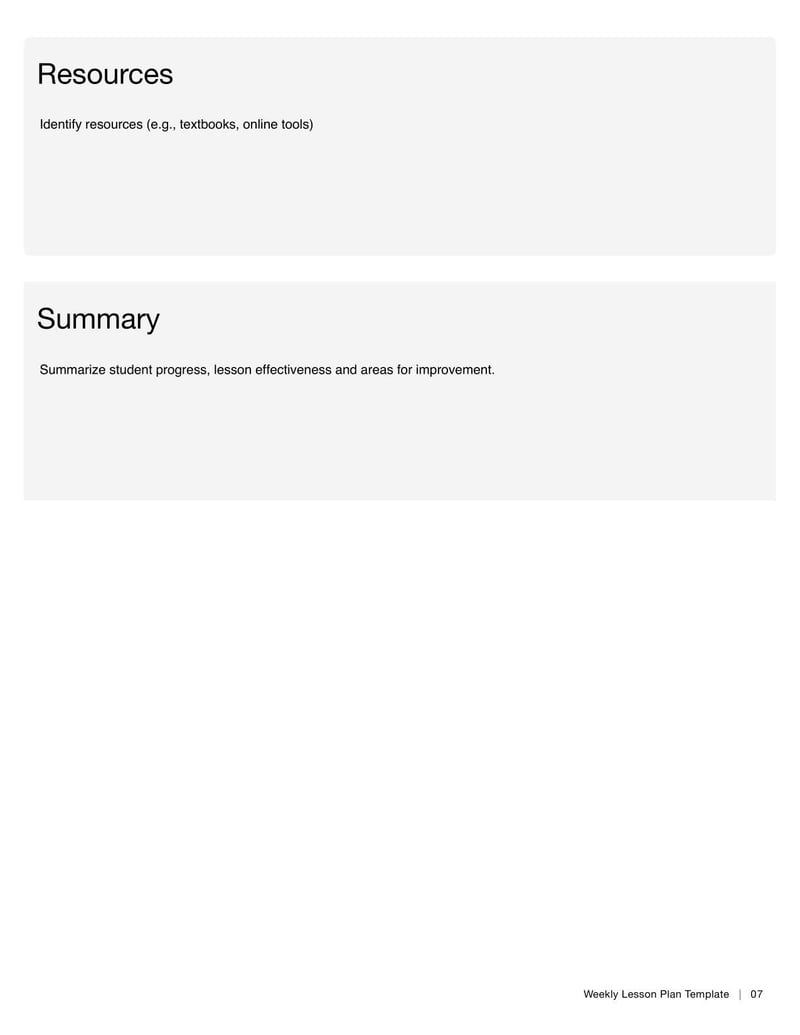 Weekly Lesson Plan Template for organizing weekly instructional activities and objectives