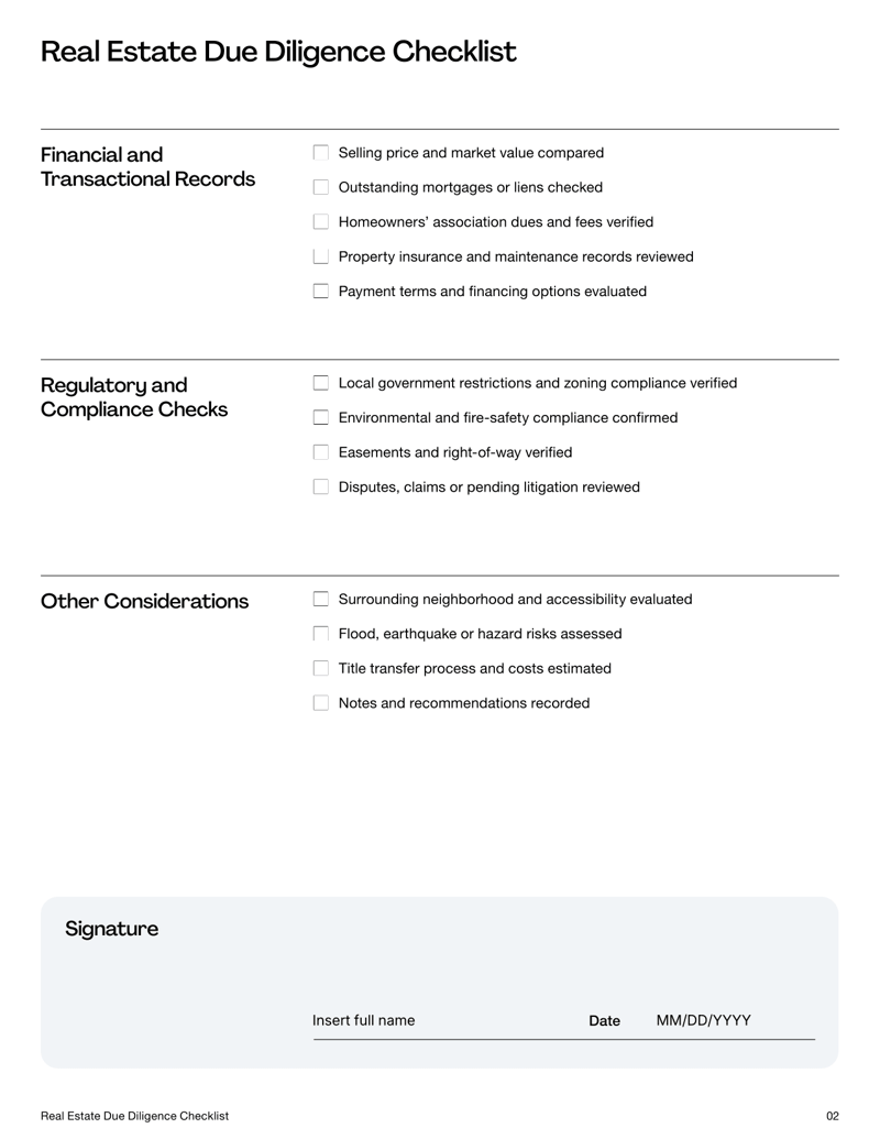 Real Estate Due Diligence Checklist form with sections for legal verification, property inspection, financial review and compliance checks