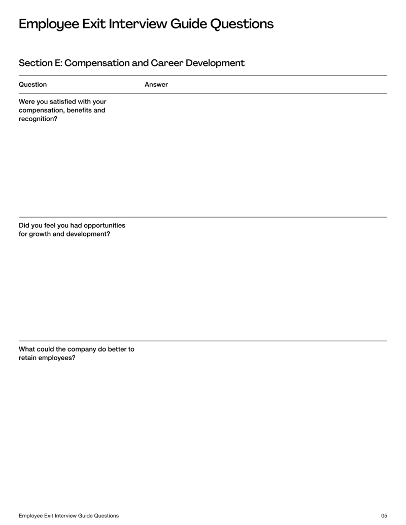 Employee Exit Interview Questions guide listing structured questions in sections on reasons for leaving, role experience, manager feedback, culture, compensation and final thoughts