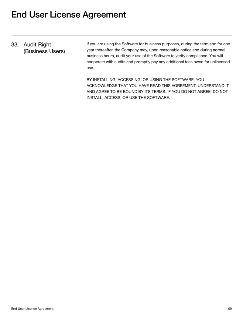 End User License Agreement setting software license terms, user rights and compliance obligations