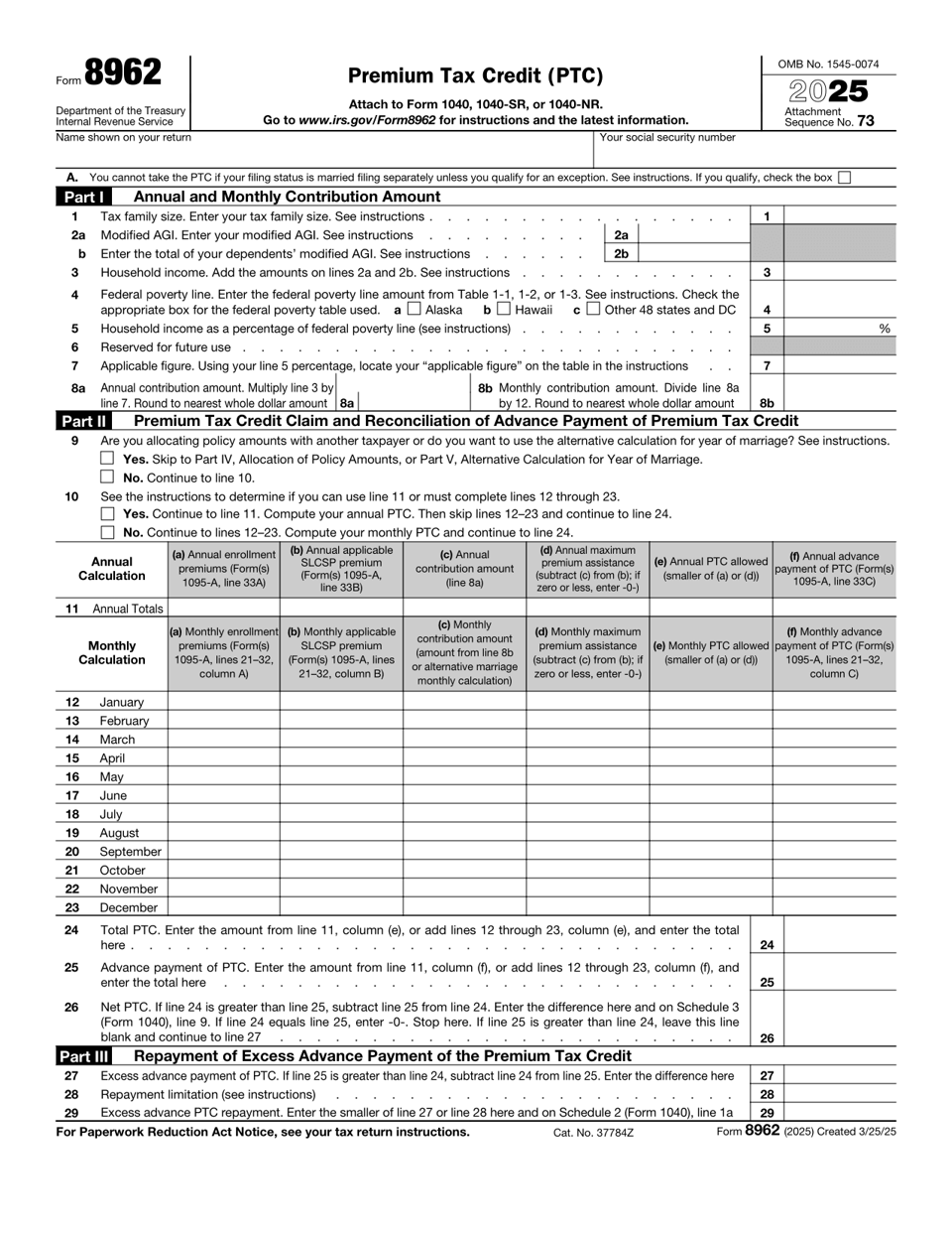 Form 8962 Premium Tax Credit (PTC)