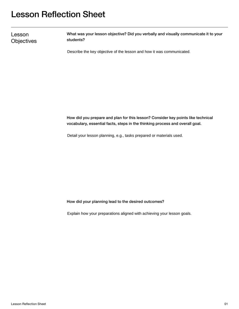 Lesson Reflection Sheet for teachers to evaluate daily lessons