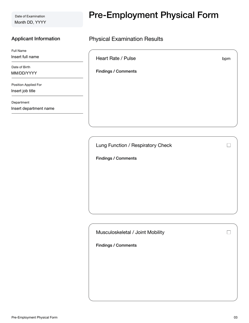 Pre-Employment Physical Form, including sections for applicant medical history, physical exam results, doctor certification and applicant declaration