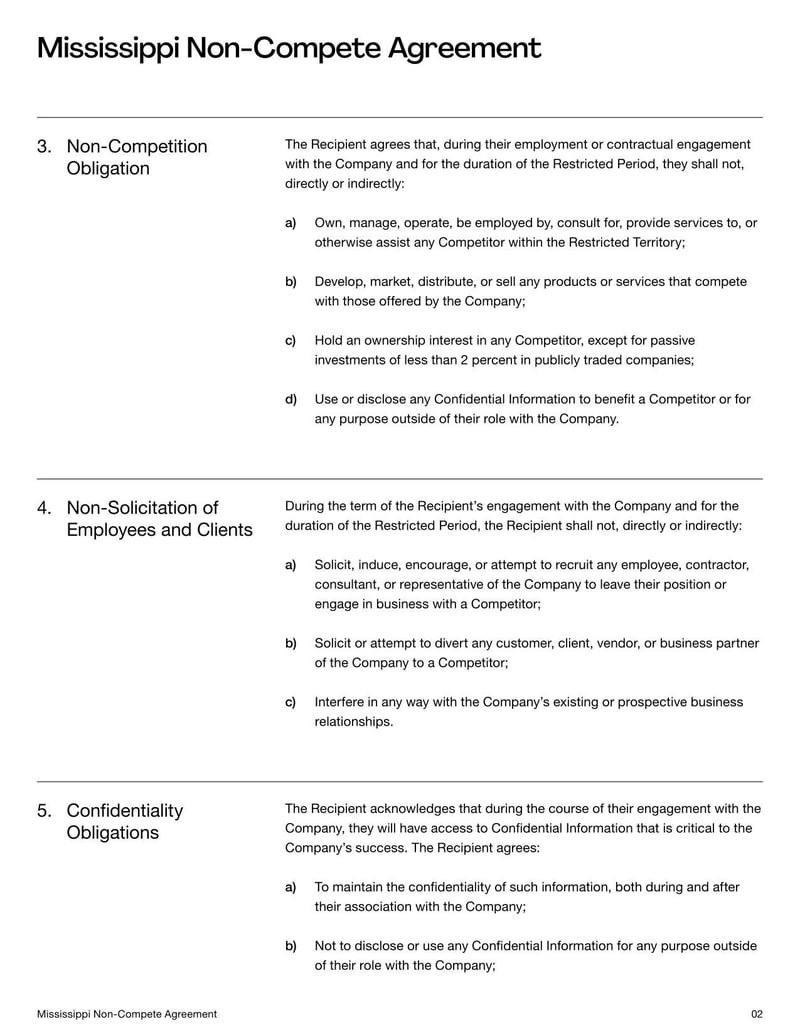 Non-Compete Agreement Mississippi template defining employment restrictions