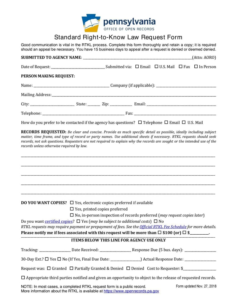 Large thumbnail of Pennsylvania Right-to-Know Request Form - Nov 2018