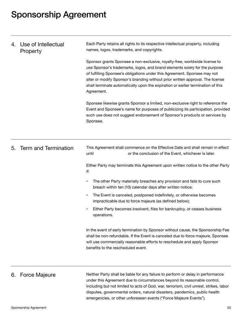 Sponsorship Agreement for defining sponsor contributions and event promotion terms