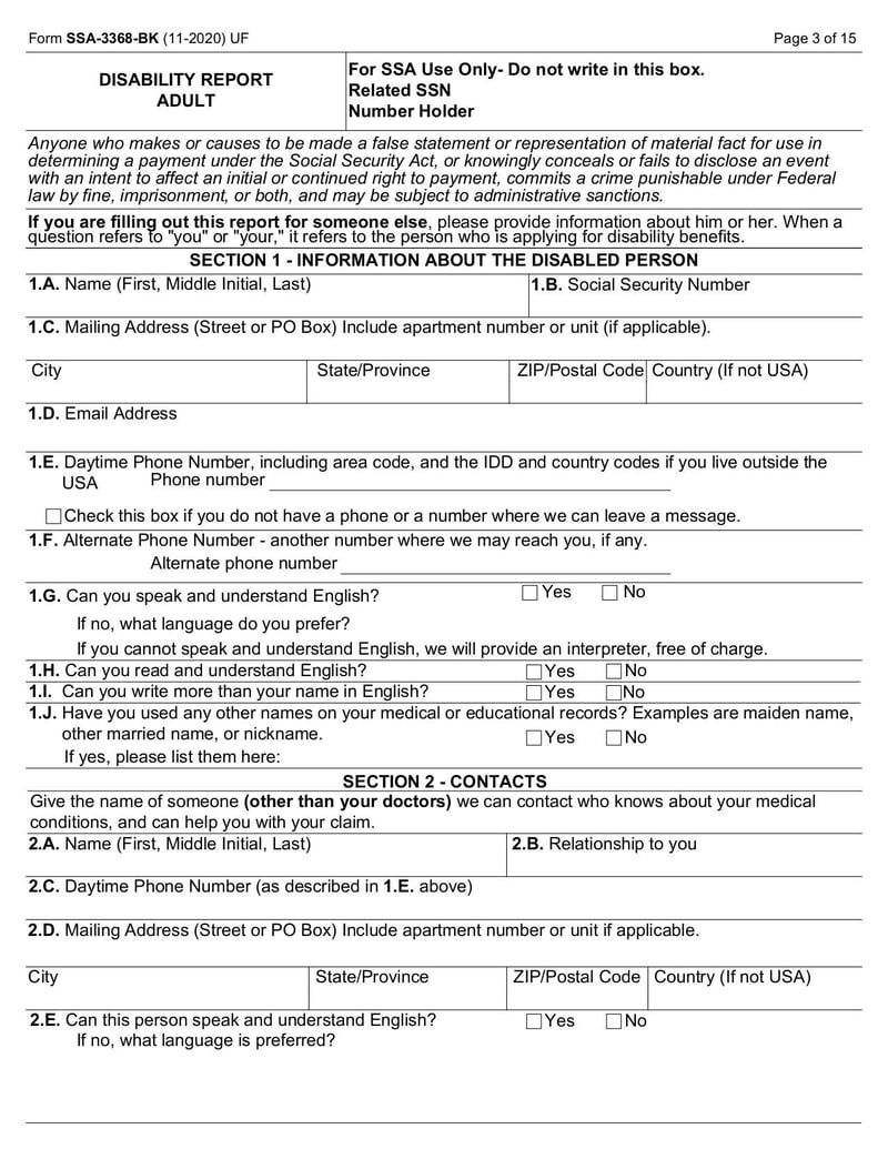 Large thumbnail of Form SSA 3368 BK - Nov 2020