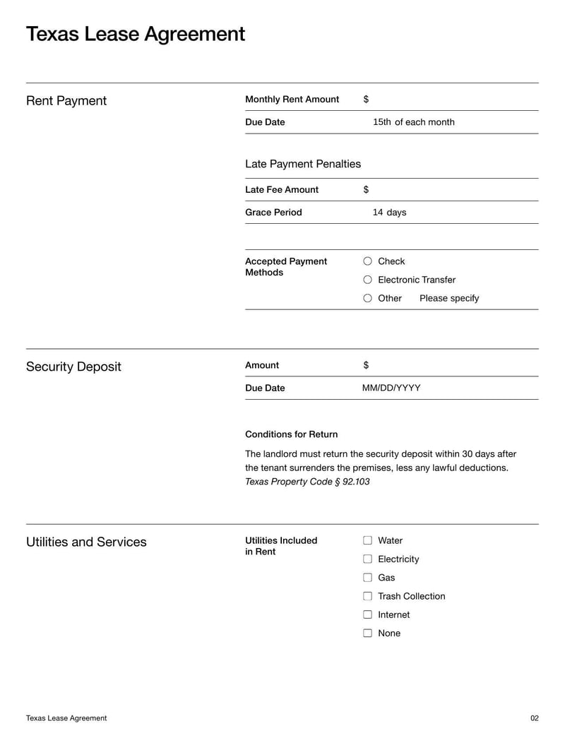 Texas Lease Agreement for rental terms in Texas